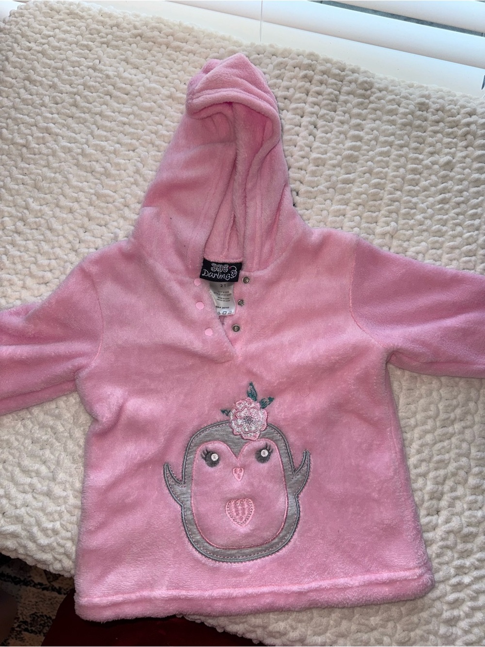 Pink Hooded Plush Kids Top with Penguin Applique
